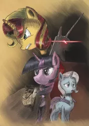 Size: 2480x3508 | Tagged: safe, artist:plainoasis, derpibooru import, sunset shimmer, trixie, twilight sparkle, twilight sparkle (alicorn), alicorn, pony, unicorn, alicorn amulet, cape, clothes, counterparts, frown, glare, gritted teeth, magical trio, open mouth, saddle bag, scroll, serious, twilight's counterparts, worried