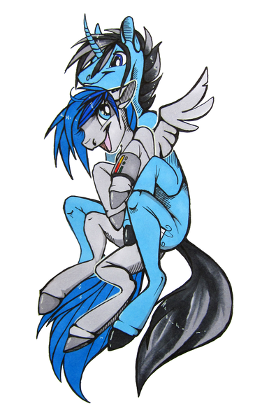 Size: 1199x1920 | Tagged: artist:casynuf, curved horn, derpibooru import, fallout equestria, happy, hooves, oc, oc:sapphire sights, oc:silver lining, open mouth, pipbuck, safe, shipping, smiling, snuggling, traditional art, unofficial characters only