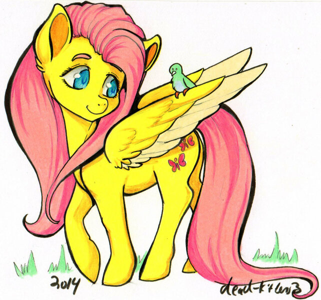 Size: 924x864 | Tagged: artist:divinekitten, bird, derpibooru import, fluttershy, safe, solo, traditional art