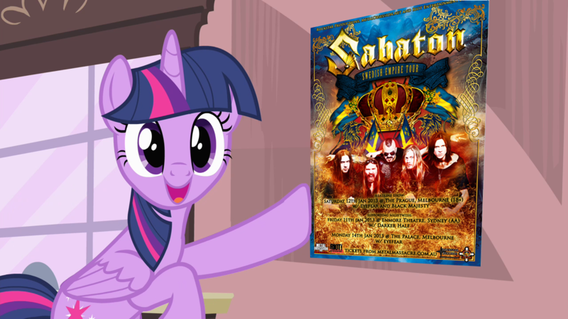 Size: 1280x720 | Tagged: safe, derpibooru import, edit, edited screencap, screencap, twilight sparkle, twilight sparkle (alicorn), alicorn, pony, exploitable meme, female, mare, meme, metal, poster, sabaton, solo, sweden, twilight poster meme