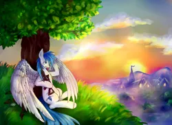 Size: 1023x744 | Tagged: safe, artist:szopwmeloniku, derpibooru import, oc, unofficial characters only, pegasus, pony, digital art, morning, sitting, solo, tree, under the tree