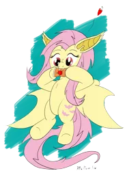 Size: 2309x3103 | Tagged: artist:mcnum, biting, derpibooru import, fangs, flutterbat, fluttershy, juice box, safe, solo, spread wings