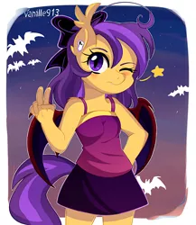 Size: 1280x1475 | Tagged: safe, artist:spookyle, derpibooru import, oc, oc:spookie, unofficial characters only, anthro, bat pony, anthro oc, bow, solo