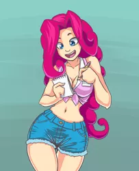 Size: 700x864 | Tagged: artist:romanrazor, belly button, blue eyes, breasts, busty pinkie pie, cleavage, clothes, daisy dukes, denim shorts, derpibooru import, female, front knot midriff, genki girl, happy, hips, human, humanized, midriff, notepad, pencil, pinkie pie, shorts, solo, suggestive, thighs, waitress, wide hips