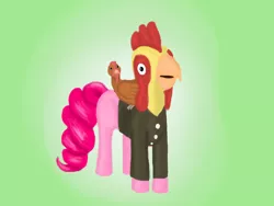 Size: 1600x1200 | Tagged: safe, artist:auroraswirls, derpibooru import, pinkie pie, bird, chicken, earth pony, pony, animal costume, chicken pie, chicken suit, clothes, costume, female, gradient background, green background, mare, mask, open mouth, riding, simple background, solo, wat