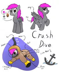 Size: 1024x1255 | Tagged: safe, artist:the-furry-railfan, derpibooru import, oc, oc:crash dive, unofficial characters only, pegasus, pony, bubble, diving suit, helmet, note, reference sheet, solo, underwater