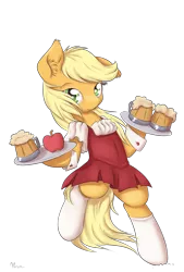 Size: 1150x1700 | Tagged: apple, apple cider, applejack, artist:alasou, cider, clothes, hatless, loose hair, missing accessory, obligatory apple, safe, semi-anthro, simple background, socks, solo, transparent background