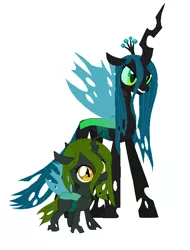 Size: 584x768 | Tagged: safe, artist:unoriginai, derpibooru import, queen chrysalis, changeling queen oc, oc, oc:princess larva, changeling, changeling queen, nymph, cute, cuteling, duo, duo female, female, filly, foal, mommy chrissy, ocbetes, offspring, parent:queen chrysalis, simple background, story included, white background