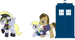 Size: 5661x3000 | Tagged: safe, artist:ruinedomega, derpibooru import, derpy hooves, doctor whooves, time turner, pegasus, pony, alternate universe, angry, armor, clothes, doctor who, dress, female, group, lying down, mare, necktie, ponyscape, scar, self ponidox, sonic screwdriver, standing, suit, tardis