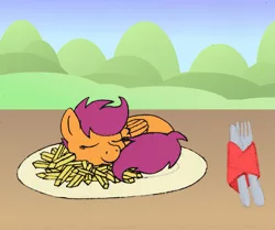 Size: 1485x1240 | Tagged: artist:merkleythedrunken, food, fork, french fries, hill, knife, meal, napkin, plate, safe, scootachicken, scootaloo, sleeping, solo