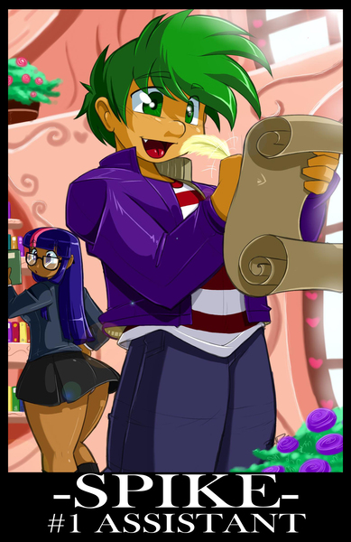 Size: 1432x2208 | Tagged: suggestive, artist:shonuff44, derpibooru import, spike, twilight sparkle, human, book, clothes, dark skin, flower, glasses, golden oak library, humanized, library, panties, paper, parchment, quill, skirt, thighlight sparkle, twibutt, underwear, upskirt