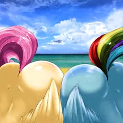 Size: 1200x1200 | Tagged: safe, artist:dimwitdog, derpibooru import, edit, fluttershy, rainbow dash, pegasus, pony, beach, butt, butt bump, butt only, butt to butt, butt touch, close-up, flutterbutt, plot, plot pair, rainbutt dash