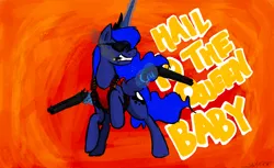 Size: 1860x1136 | Tagged: safe, artist:masterjosh140, derpibooru import, princess luna, alicorn, pony, cigar, crossover, crown, duke nukem, duke nukem 3d, gun, shotgun, smoking, sunglasses, weapon