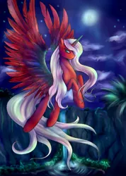 Size: 755x1059 | Tagged: safe, artist:szopwmeloniku, derpibooru import, oc, oc:astaroth, unofficial characters only, alicorn, pegasus, pony, unicorn, flying, night, palm, solo, stars, waterfall