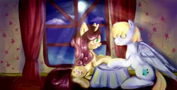 Size: 1024x524 | Tagged: safe, artist:szopwmeloniku, derpibooru import, oc, unofficial characters only, pegasus, pony, unicorn, eye contact, love, moon, night, romantic, sitting, solo, stars, table, veil, window