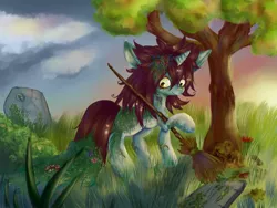 Size: 1024x768 | Tagged: safe, artist:szopwmeloniku, derpibooru import, oc, oc:moss, unofficial characters only, pony, unicorn, broom, bush, cemetery, evening, gravestone, moss, solo, standing, tree