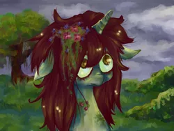 Size: 1024x768 | Tagged: safe, artist:szopwmeloniku, derpibooru import, oc, oc:moss, unofficial characters only, pony, unicorn, bush, cloud, cloudy, moss, solo, tree