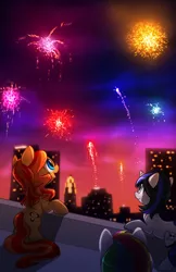 Size: 582x900 | Tagged: aep building, artist:aylastardragon, city, cityscape, derpibooru import, fireworks, leveque tower, nationwide, oc, oc:peanut bucker, safe, skyline, skyscraper, skyscrapers, unofficial characters only