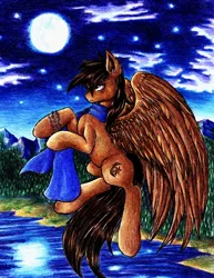 Size: 785x1018 | Tagged: safe, artist:szopwmeloniku, derpibooru import, oc, oc:moonstar, unofficial characters only, pegasus, pony, flying, forest, lake, mountain, night, solo, stars, water