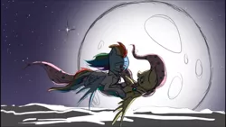 Size: 1920x1080 | Tagged: safe, artist:ink potts, derpibooru import, fluttershy, rainbow dash, backlighting, clothes, dress, edmond dantes, female, flower in hair, fluttercedes, flutterdash, flying, full moon, i will be there, lesbian, mercedes, moon, night, pmv, rainbow dantes, shipping, stars, suit, the count of monte cristo, youtube link
