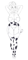 Size: 1485x3117 | Tagged: animal costume, arm behind head, armpits, artist:mew, breasts, clothes, cowprint, cow suit, derpibooru import, female, freckles, human, humanized, monochrome, oc, oc:milky way, solo, stockings, suggestive, unofficial characters only, wide hips