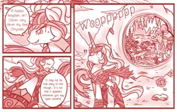 Size: 800x505 | Tagged: artist:vavacung, clothes, comic, comic:when villain win, costume, monochrome, open sesame, portal, prince of persia, princess celestia, queen chrysalis, safe