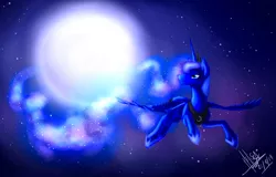 Size: 2217x1423 | Tagged: safe, artist:balck-angel, derpibooru import, princess luna, alicorn, pony, crown, ethereal mane, female, flying, full moon, jewelry, looking back, mare, moon, night, night sky, regalia, signature, sky, solo, spread wings, starry mane, starry night, stars, wings