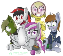 Size: 1024x915 | Tagged: safe, artist:allyster-black, derpibooru import, oc, oc:blackjack, oc:hired gun, oc:littlepip, oc:murky, oc:puppysmiles, unofficial characters only, cyborg, earth pony, pony, unicorn, fallout equestria, fallout equestria: heroes, fallout equestria: murky number seven, fallout equestria: pink eyes, fallout equestria: project horizons, fanfic, blushing, clothes, fallout, fanfic art, female, filly, foal, group, hazmat suit, hooves, horn, male, mare, open mouth, pipbuck, simple background, smiling, stallion, transparent background, vault suit