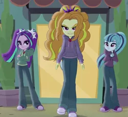 Size: 787x720 | Tagged: safe, derpibooru import, screencap, adagio dazzle, aria blaze, sonata dusk, equestria girls, rainbow rocks, clothes, diner, gem, hoodie, jeans, jewelry, looking at you, necklace, pants, shoes, siren gem, sneakers, the dazzlings