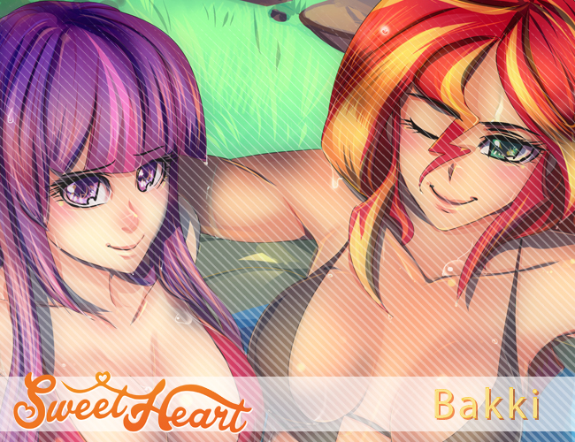 Size: 650x500 | Tagged: suggestive, artist:bakki, derpibooru import, sunset shimmer, twilight sparkle, human, art pack:my little sweetheart, art pack:my little sweetheart 3, armpits, breasts, busty sunset shimmer, busty twilight sparkle, female, humanized, lesbian, long hair, looking at you, my little sweetheart, my little sweetheart 3, one eye closed, outdoors, preview, shipping, smiling, sunsetsparkle, wink