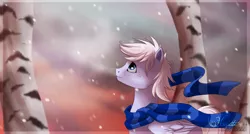 Size: 1024x549 | Tagged: safe, artist:hecatehell, derpibooru import, oc, oc:spiringsnow, unofficial characters only, pegasus, pony, clothes, scarf, snow, snowfall, solo, sunset, wings