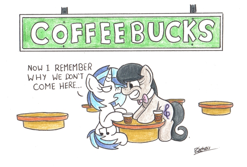 Size: 2016x1363 | Tagged: safe, artist:bobthedalek, derpibooru import, octavia melody, vinyl scratch, earth pony, pony, unicorn, backwards cutie mark, boop, caffeine, coffee, duo, eye contact, female, frown, grin, hyperactive, hypertavia, nose wrinkle, noseboop, smiling, starbucks, unamused, vinyl is not amused, wide eyes