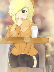 Size: 1536x2048 | Tagged: anime, applejack, artist:orz1515, boots, chair, clothes, coat, coffee, coffee shop, crying, derpibooru import, human, humanized, sad, safe, scarf, shorts, socks, solo, table, thigh highs, winter