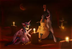 Size: 1024x705 | Tagged: semi-grimdark, artist:hecatehell, derpibooru import, octavia melody, twilight sparkle, twilight sparkle (alicorn), alicorn, pony, candle, cello, cemetery, cempasúchil, cross, dia de los muertos, face paint, grave, horn, moon, musical instrument, night, wings