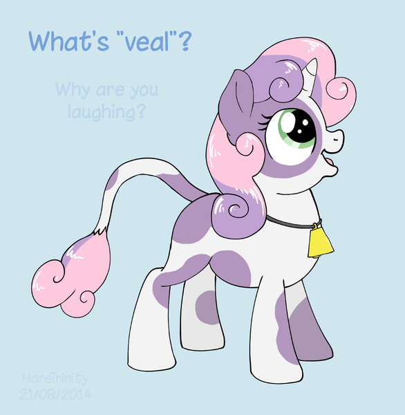 Size: 900x922 | Tagged: artist:haretrinity, calf, cow, cowbelle, dark comedy, imminent death, imminent vore, safe, solo, species swap, sweetie belle, this will end in tears, this will end in tears and/or death, veal, we are going to hell