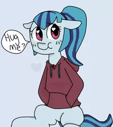 Size: 2370x2681 | Tagged: safe, artist:meowing-ghost, derpibooru import, sonata dusk, earth pony, pony, equestria girls, rainbow rocks, :t, blushing, bronybait, clothes, cute, female, floppy ears, heart, heart eyes, hoodie, hug, hug request, looking at you, mare, ponytail, sitting, smiling, solo, sonatabetes