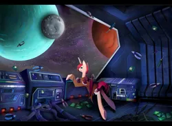 Size: 1280x939 | Tagged: artist:skyeypony, derpibooru import, oc, oc:starskip, safe, solo, space, spaceship, sword, unofficial characters only, zero gravity