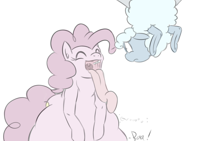 Size: 924x657 | Tagged: questionable, artist:meepymaybelle, derpibooru import, pinkie pie, sheep, belly, ewe, fetish, impossibly large belly, maw, pinkie pred, stomach noise, tongue out, uvula, vore