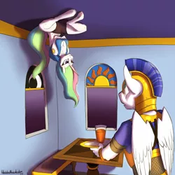 Size: 1280x1280 | Tagged: safe, artist:hobbsmeerkat, derpibooru import, princess celestia, alicorn, anthro, unguligrade anthro, ceiling pony, cleavage, clothes, crossed arms, defying gravity, female, frown, grumpy, midriff, physics, royal guard, shorts, sitting, unamused, underhoof, upside down, wide eyes, wingless, wingless anthro