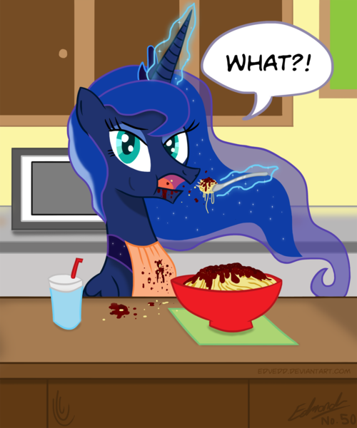 Size: 1500x1800 | Tagged: safe, artist:edvedd, derpibooru import, princess luna, alicorn, pony, bowl, eating, female, food, fork, kitchen, magic, mare, messy eating, microwave, noodles, pasta, sauce, solo, spaghetti