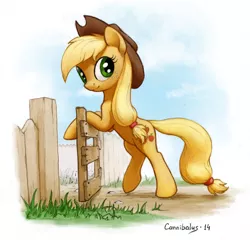 Size: 1024x985 | Tagged: safe, artist:cannibalus, derpibooru import, applejack, pony, bipedal, bipedal leaning, cute, fence, jackabetes, looking at you, raised leg, smiling, solo