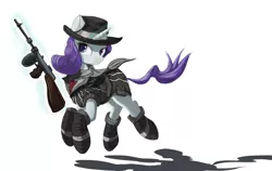 Size: 4284x2705 | Tagged: absurd resolution, artist:sceathlet, clothes, drum magazine, fedora, gangster, gun, hat, mafia, magic, rarity, safe, solo, submachinegun, telekinesis, tommy gun