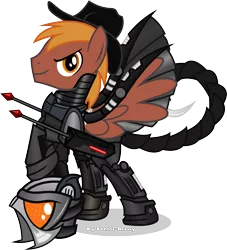 Size: 2815x3105 | Tagged: safe, artist:vector-brony, derpibooru import, oc, oc:calamity, unofficial characters only, pegasus, pony, fallout equestria, fanfic, armor, battle saddle, dashite, enclave armor, energy weapon, fallout, fanfic art, gun, hat, hooves, magical energy weapon, male, power armor, smiling, solo, stallion, weapon, wings