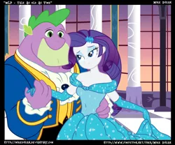 Size: 866x721 | Tagged: safe, artist:mikedugan, derpibooru import, rarity, spike, equestria girls, beauty and the beast, beefspike, clothes, crossover, dancing, disney, disney princess, dress, female, male, pairings, parody, shipping, sparity, straight