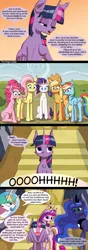 Size: 900x2567 | Tagged: suggestive, artist:deusexequus, derpibooru import, applejack, fluttershy, pinkie pie, princess cadance, princess celestia, princess luna, rainbow dash, rarity, twilight sparkle, twilight sparkle (alicorn), alicorn, pony, alicorn tetrarchy, blushing, comic, female, implied foursome, implied incest, implied lesbian, implied sex, innuendo, mane six, mare