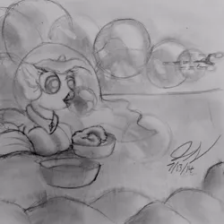 Size: 640x640 | Tagged: artist:jstuart2006, blowing bubbles, bubble, cute, derpibooru import, diabetes, filly, gradius, grayscale, love, monochrome, princess, princess celestia, resting, safe, sweet, traditional art, video game