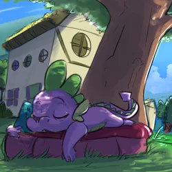 Size: 1024x1024 | Tagged: artist:imsokyo, book, cute, daily sleeping spike, derpibooru import, eyes closed, ponyville, prone, safe, shade, sleeping, solo, spike, tree, tumblr