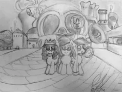 Size: 2560x1920 | Tagged: adventure, amusement park, apple bloom, artist:thegreatmewtwo, balloon, crossover, cutie mark crusaders, derpibooru import, disneyland, disney world, dr. wily, fireworks, fun, grayscale, megaman, monochrome, outings, safe, scootaloo, sweetie belle, theme park, video game, walt disney world, whinnyland, wily fortress