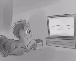 Size: 999x799 | Tagged: safe, artist:drawponies, derpibooru import, doctor whooves, time turner, earth pony, food, grayscale, male, monochrome, popcorn, prone, raised hoof, season premiere, solo, stallion, television
