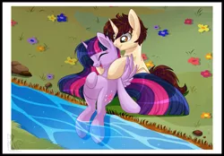 Size: 1800x1253 | Tagged: safe, artist:blackfreya, derpibooru import, twilight sparkle, twilight sparkle (alicorn), ponified, alicorn, pony, crossover, crossover shipping, eyes closed, female, flower, happy, male, mama twilight, mare, massage, open mouth, peter parker, pregnant, river, shipping, sitting, smiling, spider-man, spiders and magic ii: eleven months, spiders and magic: rise of spider-mane, spidertwi, spread wings, straight, stream